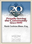 Logo Recognizing The Law Offices of Mark C. Blane, APC's Martindale Hubbard 20th Anniversary badge